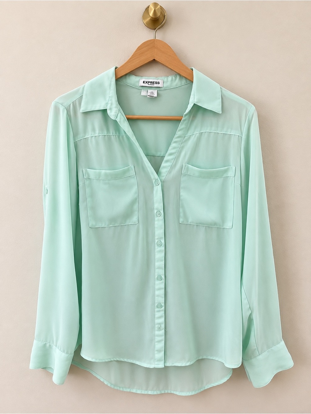 Express Portofino Slim Fit Mint Green Button Down Blouse Size M